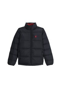 Schwarze Steppjacke mit hohem Kragen, mit Reißverschluss, zwei Seitentaschen und rotem Innenfutter. Spinnenlogo auf der Brust.