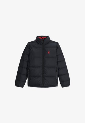 Giubbotto a vento nero con colletto alto, dotato di chiusura con zip, due tasche laterali e foderato di rosso all'interno. Logo a forma di ragno sul petto.