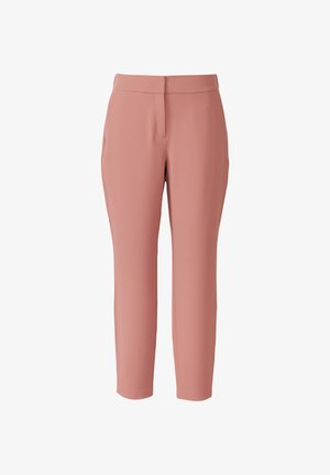 Spodnie o prostym kroju z wysokim stanem w stonowanym różowym kolorze, z ukrytym zamkiem błyskawicznym z przodu i kieszeniami bocznymi, wyeksponowane na białym tle.