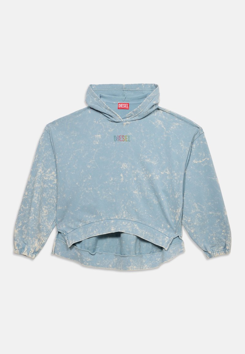 Φωτεινό γαλάζιο φούτερ με εφέ acid wash, ελαστικά μανίκια, μπροστινή τσέπη τύπου καγκουρό και πολύχρωμο λογότυπο "DIESEL" στο στήθος.