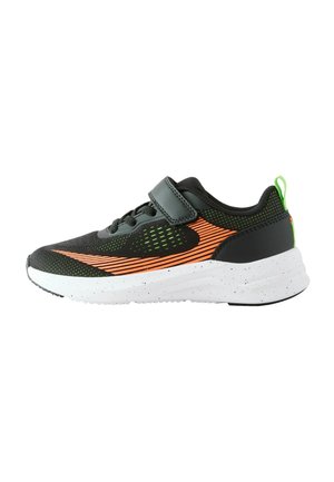 Black and orange athletic sneaker with white speckled sole, green accents, laces, and a velcro strap against white background.