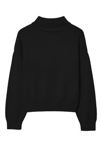 Pull en tricot noir avec un col montant, des poignets côtelés et une coupe décontractée. Le dos est simple sans motifs ou designs supplémentaires.