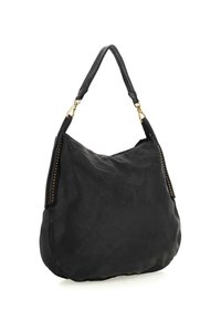 Borsa a tracolla in pelle nera con una forma morbida, caratterizzata da hardware dorato e accenti borchiati lungo i lati. Tessuto morbido, tracolla singola.