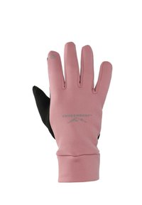 Guanti rosa e neri con una texture liscia. Il palmo è nero, con il dorso rosa e un logo grigio. Design a quattro dita per la destrezza delle dita.