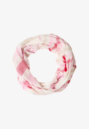 Lichtgewicht roze-wit geruite infinity sjaal met rode bloemaccenten, gerangschikt in een cirkelvormige lus op een witte achtergrond.