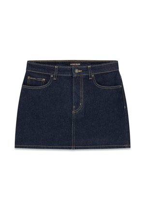 Donkerblauwe denim minirok met knopen aan de voorkant, rits, twee voorzakken en contrasterende tan stiknaden.
