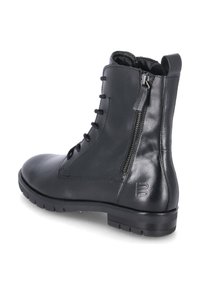 Bottines en cuir noir avec un laçage à l'avant, une fermeture éclair sur le côté, un bout rond et une semelle texturée avec un détail de logo à l'arrière.
