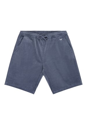 Navy blue corduroy shorts with elastic waistband and drawstring, side pockets, and small white crossed oar logo on front right side.