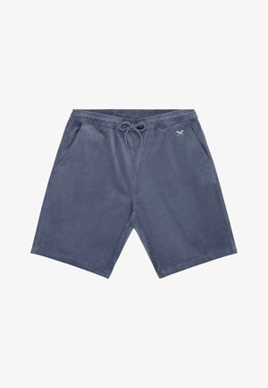 Navy blue corduroy shorts with elastic waistband and drawstring, side pockets, and small white crossed oar logo on front right side.