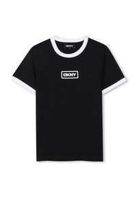 Zwarte DKNY t-shirt met witte kraag en mouwaccenten, met een klein wit logo op de borst. Gemaakt van zachte, gladde stof.