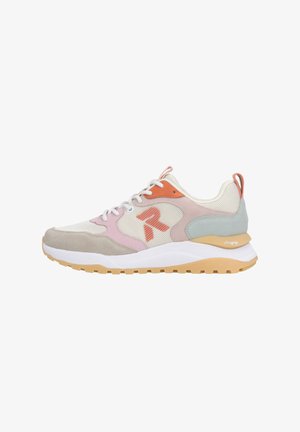 Leichter Sneaker mit einem Obermaterial aus Mesh in Beige mit Akzenten in Pink, Orange und Blau; dicke weiße Mittelsohle und strukturierte Gummiaußensohle.