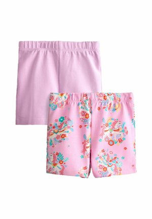Dva páry ružových krátkych nohavíc pre batoľa; jedny jednofarebné svetloružové, druhé ružové s farebnými vzormi jednorožcov a kvetín.
