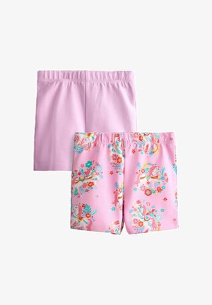 Dva páry ružových krátkych nohavíc pre batoľa; jedny jednofarebné svetloružové, druhé ružové s farebnými vzormi jednorožcov a kvetín.
