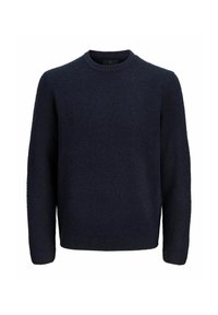 Granatowy, teksturowany sweter z okrągłym dekoltem i długimi rękawami. Wykonany z miękkiego materiału, charakteryzujący się luźnym krojem i prążkowanymi mankietami.