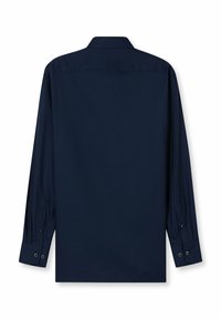 Marineblaue Langarmbluse mit Kragen, geknöpften Manschetten und glatter Textur. Mit schlichtem Design ohne sichtbare Muster oder Akzente.