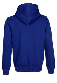 Felpa blu con cappuccio ampio, realizzata in tessuto morbido. Presenta polsini e orlo a costine, con dettagli di cucitura visibili lungo i bordi.