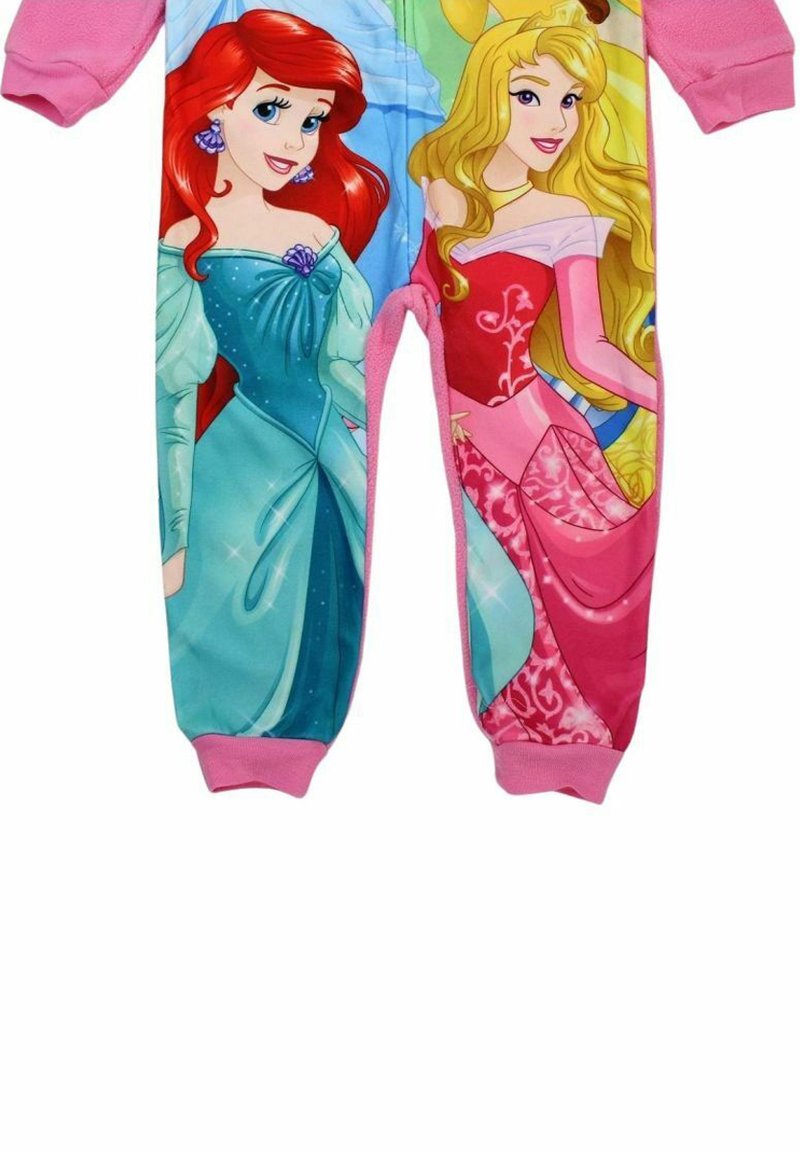 Pantaloni da pigiama rosa per ragazze con stampe colorate di due principesse Disney che indossano abiti eleganti.