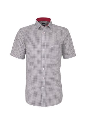 Camicia a maniche corte con bottoni, motivo geometrico piccolo in bianco e nero e interno collo rosso, mostrata su sfondo bianco.