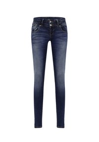 Mörkblå slim jeans med en slät denimtextur, femficksdesign och knappstängning. Har urblekta områden på låren.