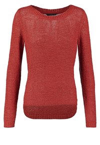Pull en maille rouge rouille à manches longues avec encolure ronde et texture légèrement transparente, avec un ourlet côtelé et des poignets.