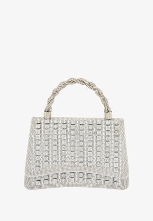 Srebrna prostokątna torebka na ramię z plecionym uchwytem, charakteryzująca się teksturowaną powierzchnią z kwadratowymi i okrągłymi ozdobami.