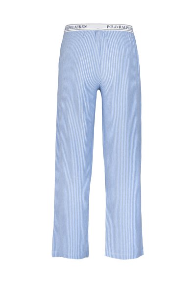 Blauwe en witte gestreepte pyjamabroek met een brede pijp, zachte stof en een elastische tailleband met het logo "POLO RALPH LAUREN."