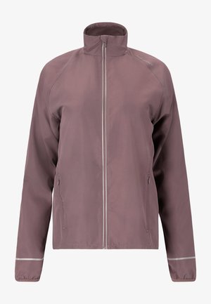Lichtgewicht mauve windjack met een hoge kraag, een voorrits en reflecterende accenten op de mouwen. Voorzien van een ritszakken aan de zijkanten.
