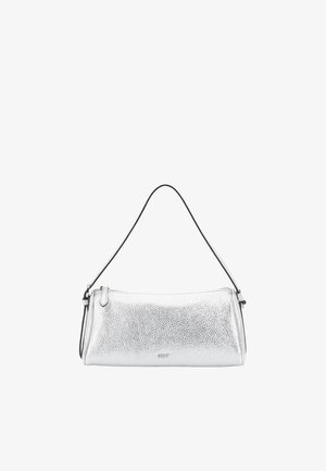 Metallic silver handbag with a textured surface, elongated shape, black accent strap, and minimalist design. Zipper closure for secure storage.