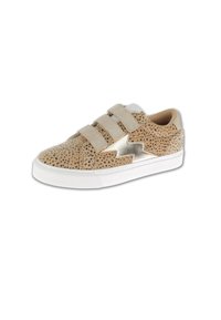 Sneaker beige con superficie texturizzata e dettagli argento. Presenta due ampie fascette in Velcro e una suola in gomma bianca.