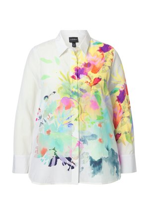 Camicia bianca con bottoni, caratterizzata da una vivace stampa floreale con tonalità di rosa, viola e giallo. Tessuto leggero con maniche lunghe e collo classico.