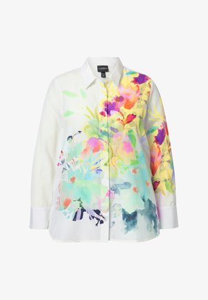 Weißes Hemd mit Knopfleiste, das mit einem lebhaften Blumenmuster in Pink-, Lila- und Gelbtönen verziert ist. Leichter Stoff mit langen Ärmeln und klassischem Kragen.