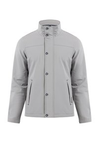 Veste gris clair avec col montant, fermeture à boutons sur le devant et deux poches latérales. Caractérisée par une texture lisse et un design minimaliste.