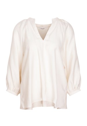 Helles Creme, V-Ausschnitt Bluse aus weichem Stoff, mit langen Puffärmeln, einer lockeren Passform und einem abgerundeten Saum. Keine sichtbaren Muster oder Akzente.