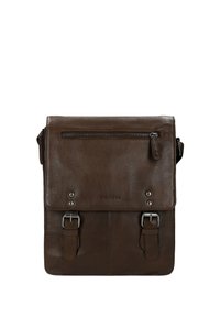 Donkerbruine leren boodschappentas met voorvak met rits, twee gespbanden en verstelbare schouderband.