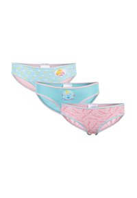 Tre paia di mutandine per ragazze con tessuto azzurro chiaro e rosa, decorate con motivi di stelle e personaggi dei cartoni animati, e bordi decorativi.