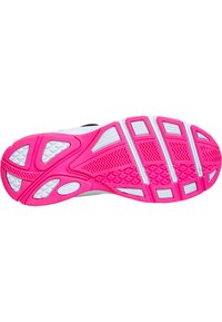 Sål med en hvid og pink farveskala, der har en tekstureret gummi til greb og mønstrede elementer til traction.