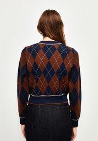 Frau mit langen braunen Haaren, die einen navyblauen und braunen Argyle-Muster-Pullover und einen dunklen Jeansrock trägt, mit dem Rücken zur Kamera vor einem schlichten Hintergrund.