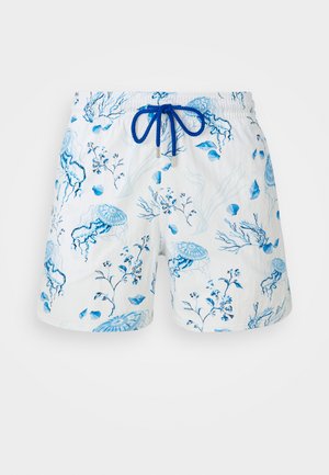 Bañadores para hombres fabricados con un tejido ligero, con una base blanca y patrones de medusas y flores en azul. Cintura ajustable con cordón azul.