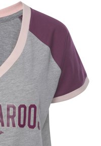 Gray short-sleeve top with purple shoulder panels and light pink ribbed trim. Features large lettering across the front. Soft cotton blend material.
