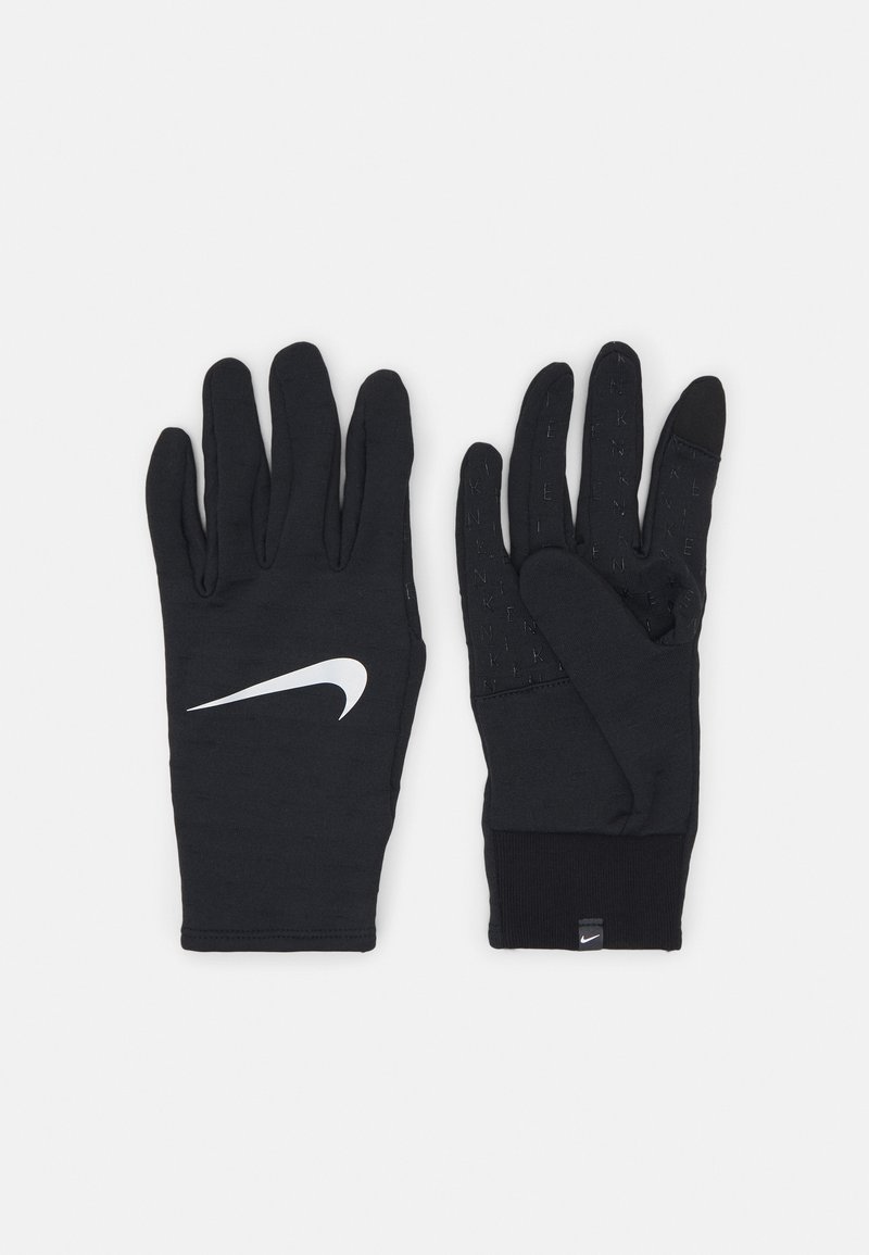 Black sports gloves with a smooth texture, featuring a white Nike logo, silicone grip accents on the palms, and elastic cuffs.