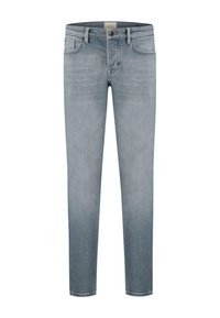 Vaqueros de denim azul claro con un diseño de pierna recta, que cuentan con cinco bolsillos, un cierre de botón y un ligero desvanecimiento en los muslos.