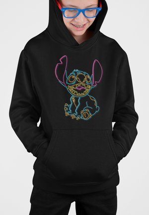 Felpa nera con cappuccio caratterizzata da una grafica colorata e al neon di un personaggio dei cartoni animati con grandi occhi, orecchie prominenti e un sorriso pieno di denti.