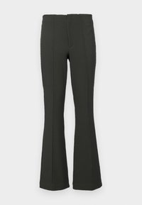 Dark green flared pants featuring a ribbed texture, high waist, and front seam detailing. Designed for a fitted silhouette.