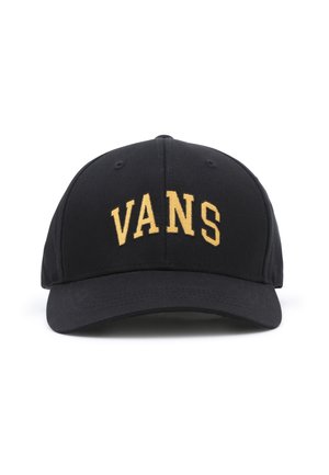 Zwarte baseballpet met gebogen klep en geel geborduurd "VANS"-logo centraal op het voorpaneel.