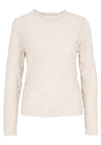 Kanten lange mouw top in off-white met een gestructureerd patroon, ronde halslijn en licht rafelige zoom bij de mouwen en de onderrand.