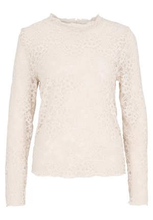 Kanten lange mouw top in off-white met een gestructureerd patroon, ronde halslijn en licht rafelige zoom bij de mouwen en de onderrand.