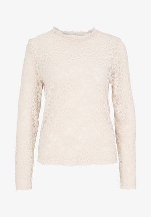 Kanten lange mouw top in off-white met een gestructureerd patroon, ronde halslijn en licht rafelige zoom bij de mouwen en de onderrand.