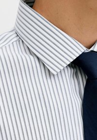 Valge särk kitsaste vertikaalsete siniste triipudega ja jäiga kraega, sobitatud tumelilla lipsuga. Kangas tundub sile ja hästi hoitud.