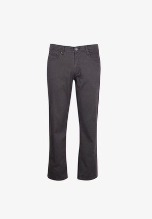 Graue Denim-Hosen mit geradem Schnitt, ausgestattet mit Eingrifftaschen, Gürtelschlaufen und einem vorderen Knopfverschluss. Glatte Textur.