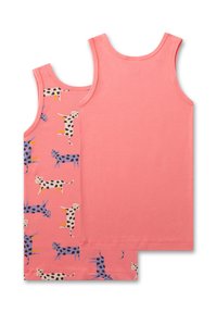 Pinkes Baumwoll-Tanktop mit einem verspielten Muster aus bunten Tiersilhouetten in Schwarz, Blau und Lila auf einer Seite. Glatte Textur.